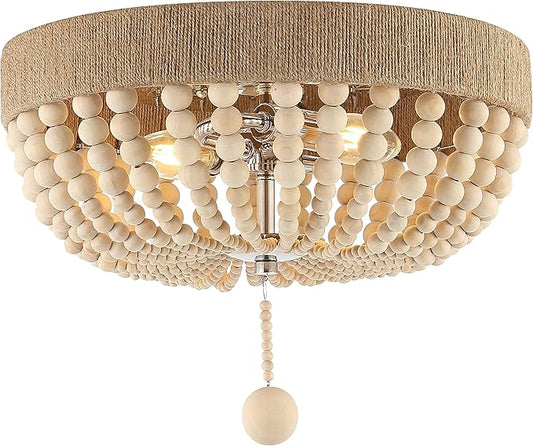 JONATHAN Y 14" Light Taupe and Polished Nickel 2-Light Wood Bead Iron Flush Mount, Farmhouse Bohemian Ceiling Light for Bedroom Hallway, UL Listed, LED Bulbs Included JYL1307A