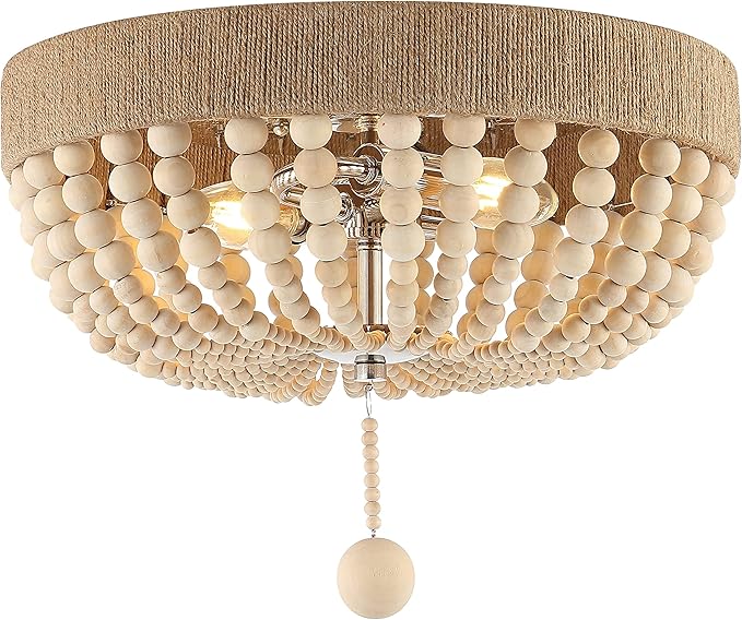 JONATHAN Y 14" Light Taupe and Polished Nickel 2-Light Wood Bead Iron Flush Mount, Farmhouse Bohemian Ceiling Light for Bedroom Hallway, UL Listed, LED Bulbs Included JYL1307A