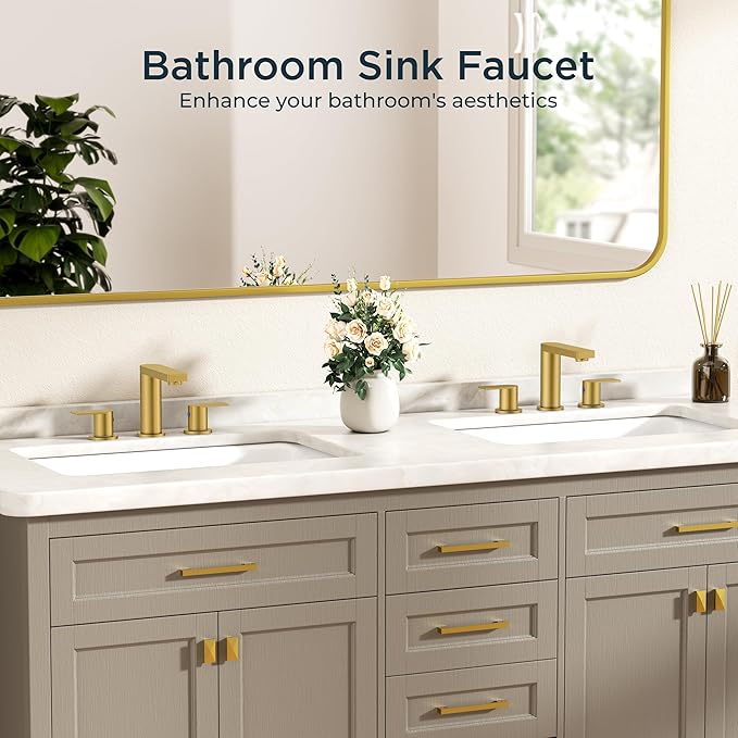 FORIOUS Brushed Gold Bathroom Faucets 3 Hole, 8 Inch Widespread Bathroom Sink Faucet with Pop-up Drain and Cupc Supply Lines, 2-Handle for Vanity, Hotel Restroom
