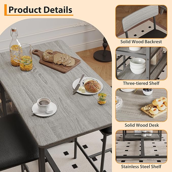 Bar Table Set with 3 Storage Shelves, Dining Table for 2 with Chairs, Space-Saving Breakfast Table, Tall Kitchen Island with Seating for Small Apartment, Grey