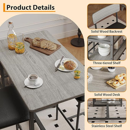 Bar Table Set with 3 Storage Shelves, Dining Table for 2 with Chairs, Space-Saving Breakfast Table, Tall Kitchen Island with Seating for Small Apartment, Grey
