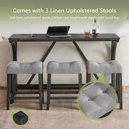 Merax 59 Inch Industrial Bar Table Set with Power Outlet, 3 Linen Upholstered Stools, Counter Height Table Set with 24 Inch Seat Height Stools for Kitchen, Living Room,Black+Light Gray