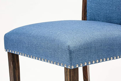 East West Furniture VEP7T21 Verona Parson Kitchen Chairs - Nailhead Trim Blue Color Linen Fabric Upholstered Dining Chairs, Set of 2, Jacobean