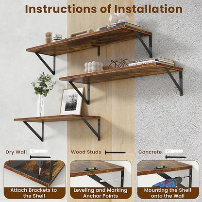 Acovy Floating Shelves with Black Metal Brackets Set of 2,30" Wx8 D Wall Mounted Shelves Floating Bookshelf,Hanging Storage Shelf for Living Room,Bedroom,Bathroom,Office,Rustic Brown