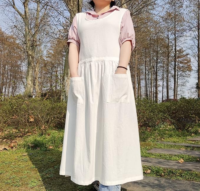 Women Plus Size Cotton Linen Vintage Pleated Split Apron Pinafore Dress with Two Pockets