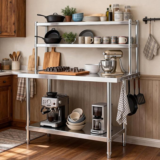 DWVO 42x24in Stainless Steel Table, NSF Metal Prep Worktable with Adjustable Overshelf for Kitchen Restaurant Hotel Garage Warehouse Home