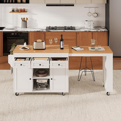85.5" Kitchen Island with Extendable Dining Table & Power Outlet, Rolling Cart with 3 Drawers, 2 Doors & 3 Open Shelves, Mobile Storage Table for Kitchen and Dining Room (85.5"+White+Natural)