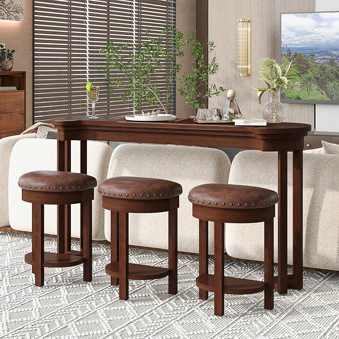 Bar Table and Chairs Set of 4 with 3 PU Upholstered Bar Stools, Breakfast Bar Table, Solid Wood Bar Height Dining Table Set, for Kitchen, Living Room, Party Room, Small Space (Cherry)