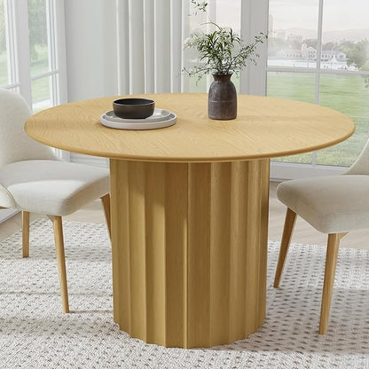 Casaphoria 46" Round Dining Table, Modern Wood Kitchen Table with Cylindrical Wide Bar Concave Base for Living Room & Dining Room, Easy Assembly Farmhouse Furniture for 4-6, Oak