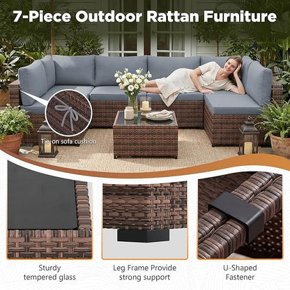LHBcraft 7 Pieces Outdoor Wicker Rattan Patio Furniture with Rain Cover, Wicker Rattan Outdoor Sectional Sofa Set with Coffee Table & Blue Cushions for Garden, Poolside