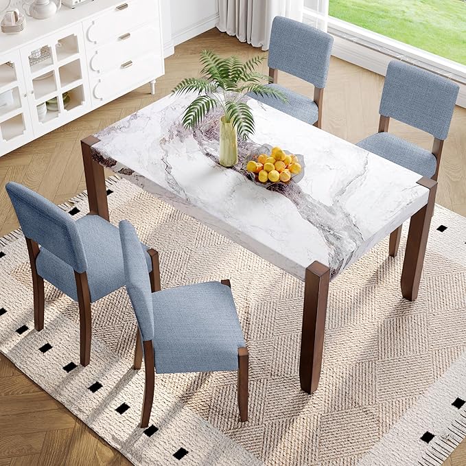 Merax Modern 5 Piece Dining Table Set for 4,Faux Marble Style Kitchen Table Set with One Rectangle Table and 4 Dining Chairs for Dining Room Table Set for Small Place