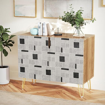 SIGNWIN Sideboard Buffet Cabinet, Kitchen Storage Cabinet with 2 Doors, Duotone Gray & Black Polygon Pattern, Cupboard Console Table for Dining Room - 35" L x 18" W x 29" H