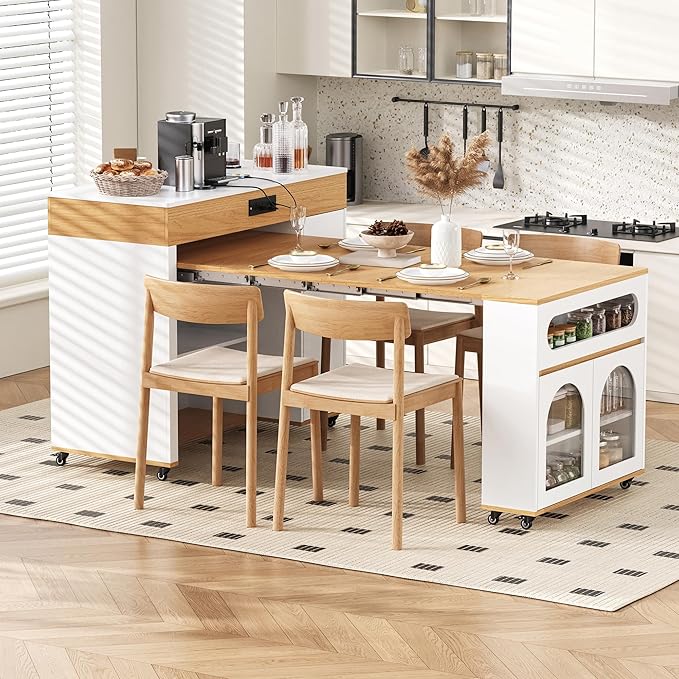 Extendable Kitchen Island on Wheels with Drawers, Power Outlet, Cabinet Storage, Walnut and Creamy White, 43.5 x 37.6 Inch (Creamy White,Natural)