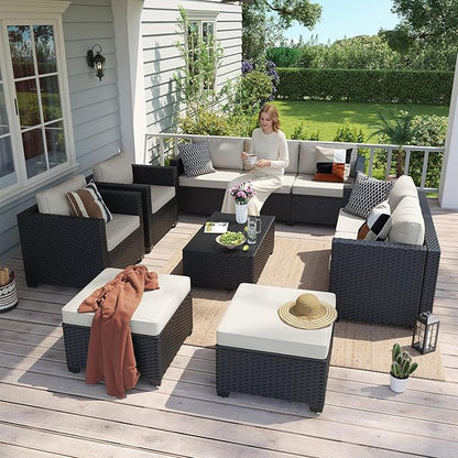 Aoxun 10 Piece Outdoor Patio Furniture Set 9 Seats, Outdoor Sectional with Thick Waterproof Cushions, Patio Conversation Sets for Garden,Backyard, Porch, Balcony, Deck, Black & Beige