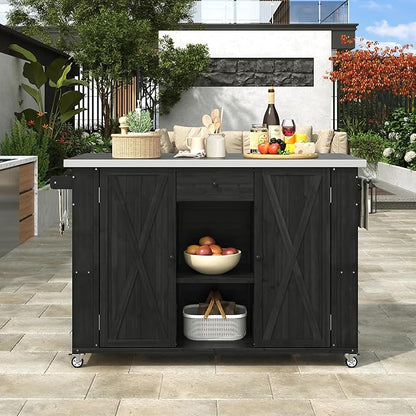 Flieks Outdoor Kitchen Island Fir Wood Kitchen Island with Stainless Steel Top, Ample Storage Space, Towel and Spice Racks and a Bottle Opener for Outdoor, Black