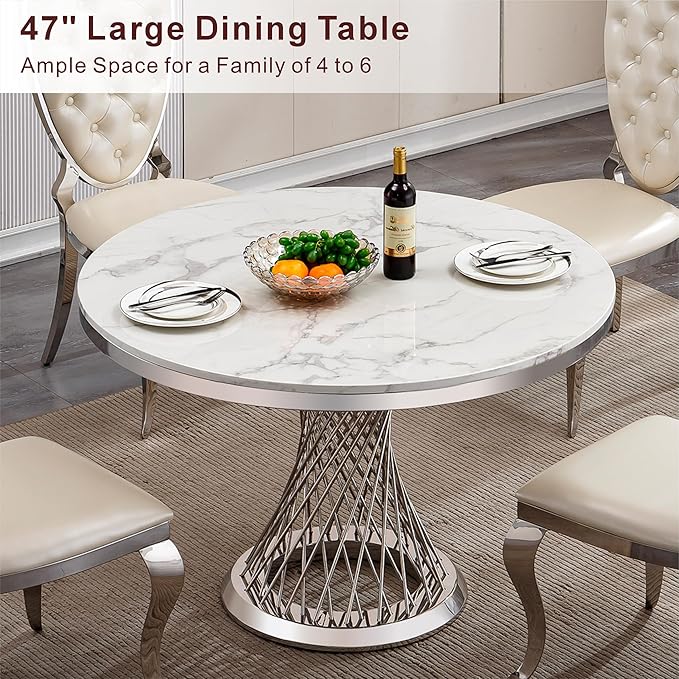 47" Round Marble Dining Table for 4-6, Luxury Modern Kitchen Table with Marble Grain MDF tabletop & Silver Mirrored Stainless Steel Pedestal Base, White Stone Dinner Table for Dining Room (Table Only)