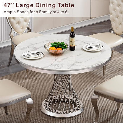 47" Round Marble Dining Table for 4-6, Luxury Modern Kitchen Table with Marble Grain MDF tabletop & Silver Mirrored Stainless Steel Pedestal Base, White Stone Dinner Table for Dining Room (Table Only)
