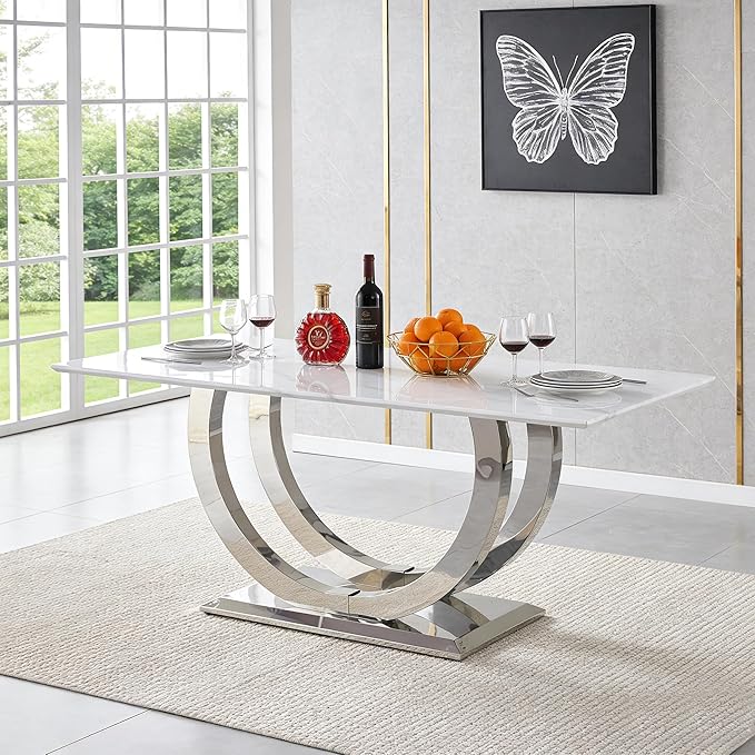 69.3" Luxury Dining Table for 4 6, White Marble Kitchen Dining Room Tables with 0.98" Thick Faux Marble Top & Stainless Steel Pedestal, Modern Silver Rectangular Dinner Table for Kitchen