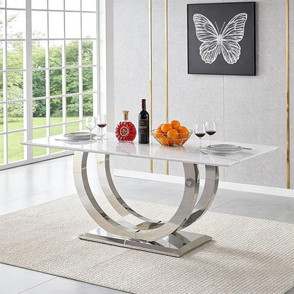 69.3" Luxury Dining Table for 4 6, White Marble Kitchen Dining Room Tables with 0.98" Thick Faux Marble Top & Stainless Steel Pedestal, Modern Silver Rectangular Dinner Table for Kitchen