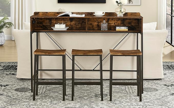 59" Bar Height Table and Chairs Set – Farmhouse Style Bar Table with 3 Saddle Stools, Perfect as Kitchen Table, Small Dining Table with Chairs, or Kitchen Island Seating Solution (Brown)