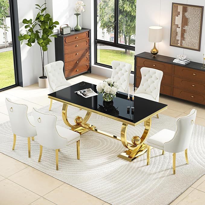 7-Piece Modern Luxury Dining Table Set, 70" Black Tempered Glass Dining Table with Gold Polished Stainless Steel U-Shaped Pedestal Base, 6 White Velvet Upholstered Chairs, for Dining Room, Office