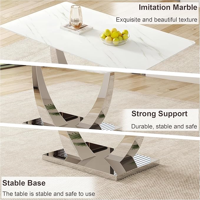 AZmac 63'' White Dining Table, Faux Marble Dining Room Table for 4-6, Tempered Glass Dinner Table with Silver Chrome U Shaped Legs for Kitchen Dining Room