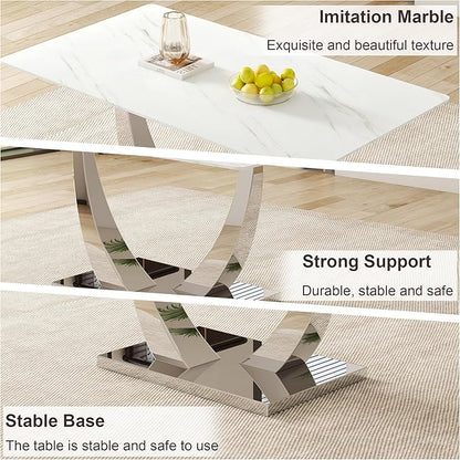AZmac 63'' White Dining Table, Faux Marble Dining Room Table for 4-6, Tempered Glass Dinner Table with Silver Chrome U Shaped Legs for Kitchen Dining Room
