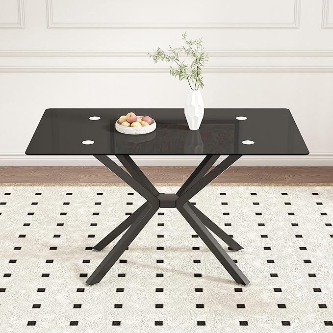 Dining Table Modern Tempered Glass Dinner Table, Rectangle Kitchen Table with Sturdy Metal Legs, Contemporary Minimalist Design, Ideal for Dining Room, Kitchen, or Small Spaces (Full Black, 47.24")