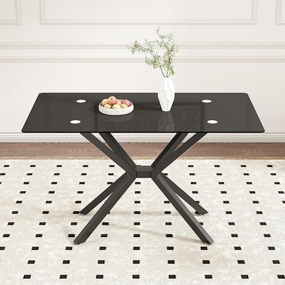 Dining Table Modern Tempered Glass Dinner Table, Rectangle Kitchen Table with Sturdy Metal Legs, Contemporary Minimalist Design, Ideal for Dining Room, Kitchen, or Small Spaces (Full Black, 47.24")