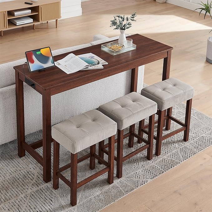 KEIKI 4-Piece Bar Table Set with Charging Station, 59" Industrial Kitchen Table with 3 Upholstered Stools, USB/Type-C/AC Outlets, Solid Wood Frame for Dining Room, Apartment, or Living Room, Cherry