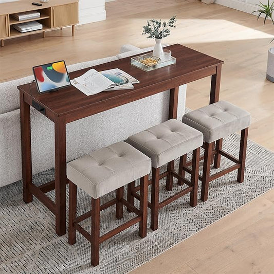 KEIKI 4-Piece Bar Table Set with Charging Station, 59" Industrial Kitchen Table with 3 Upholstered Stools, USB/Type-C/AC Outlets, Solid Wood Frame for Dining Room, Apartment, or Living Room, Cherry