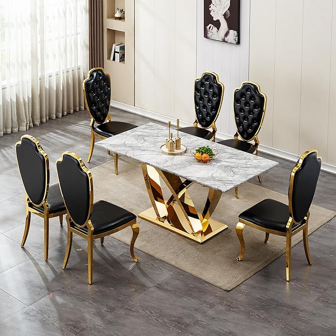 70" Faux Marble Dining Table for 6-8 People, Modern Rectangular Kitchen Table with Gold Mirror Finish Stainless Steel Base, Large Dining Room Table (Gold + Grey, Type2 + 70" Rectangle)