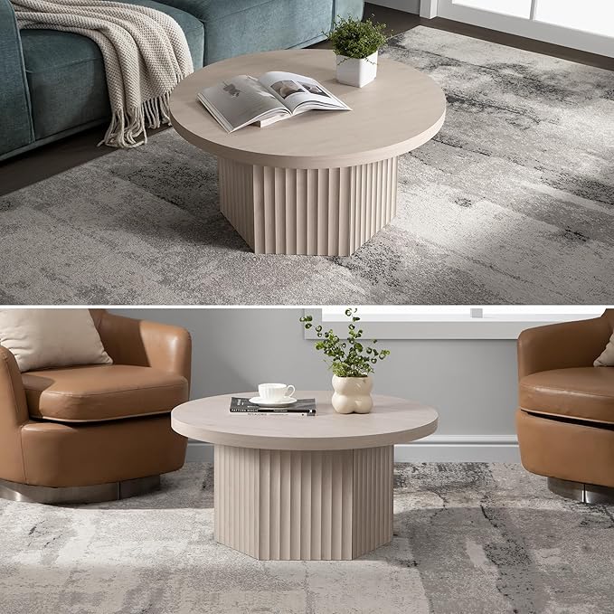 SICOTAS 32" Modern Round Coffee Table, Mid Century Fluted Coffee Table with Storage, Accent Center Table for Living Room, Small Space, Apartment, White Alder