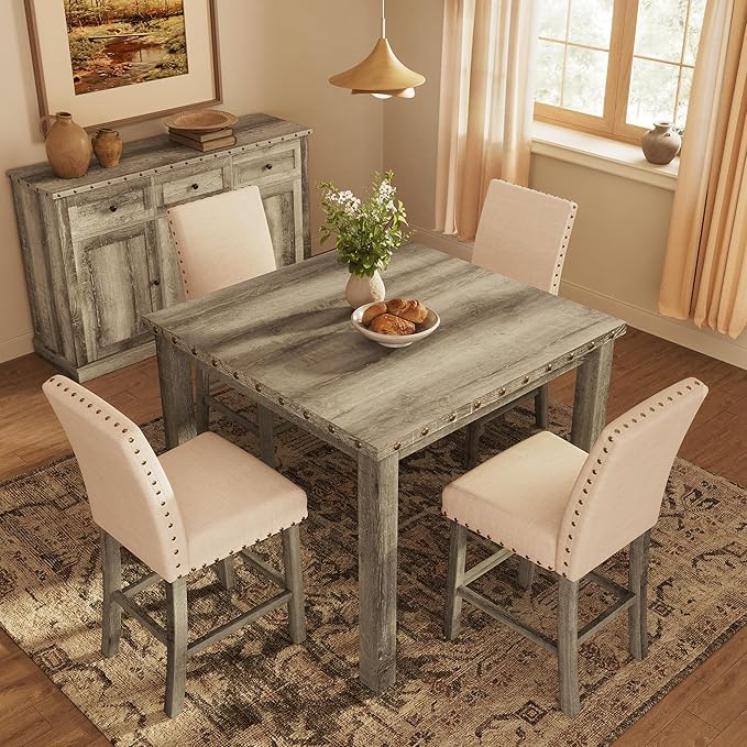 Counter Height Dining Table Set for 4,Farmhouse Dining Table Set for 4,Square Bar Kitchen Dining Table with 4 Bar Stools,High Dining Table and Chairs for Dining Room, Kitchen