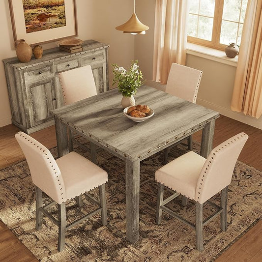 Counter Height Dining Table Set for 4,Farmhouse Dining Table Set for 4,Square Bar Kitchen Dining Table with 4 Bar Stools,High Dining Table and Chairs for Dining Room, Kitchen