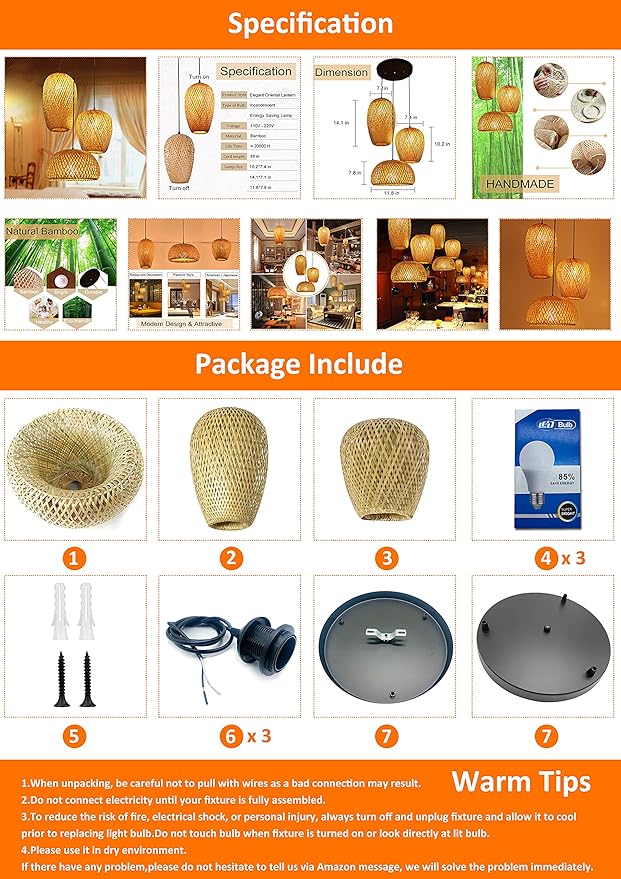 Bamboo Pendant Light, 3 Headlights Retro Japanese Style E27 Natural Bamboo Chandelier Hanging Light Ceiling Lighting Fixture for Living Room Bedroom Restaurant Cafe Teahouse Bar Dining Room Club