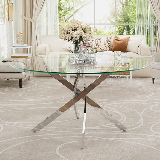 47-Inch Round Tempered Glass Dining Table for 4-6 Person Space-Saving Small Kitchen Table with Heavy-Duty Metal Legs Perfect for Dining Room, Apartment, Condo(Silver)