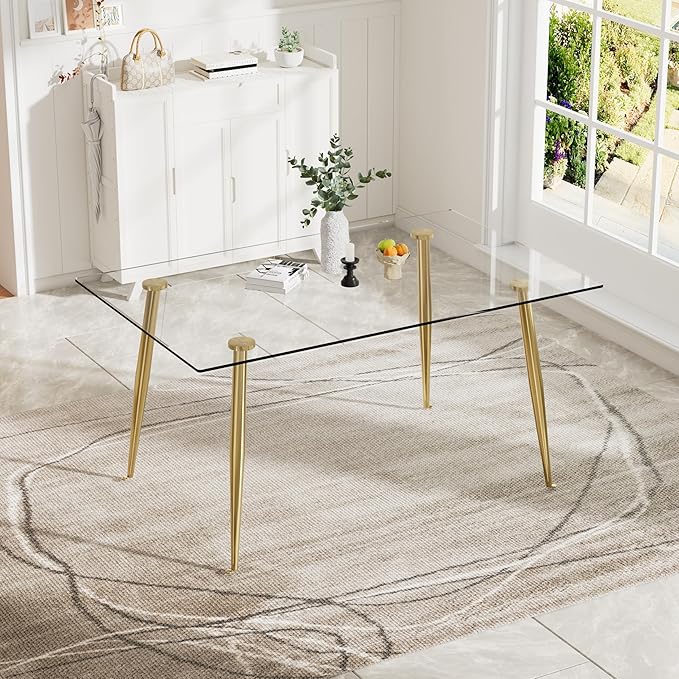 Glass Dining Table for 4 with 51 inch Clear Tempered Glass Top, 0.31" Modern Rectangular Glass Kitchen Table Furniture with 4 Golden Plating Metal Legs for Home Kitchen Room