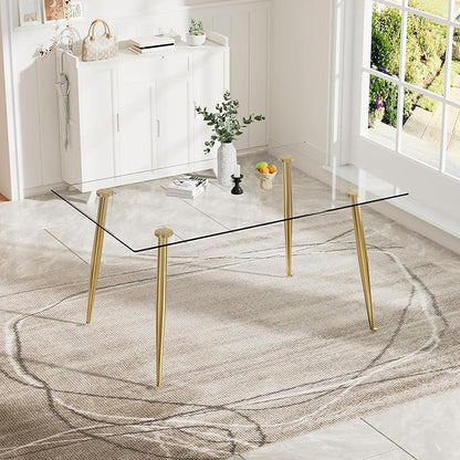 Glass Dining Table for 4 with 51 inch Clear Tempered Glass Top, 0.31" Modern Rectangular Glass Kitchen Table Furniture with 4 Golden Plating Metal Legs for Home Kitchen Room