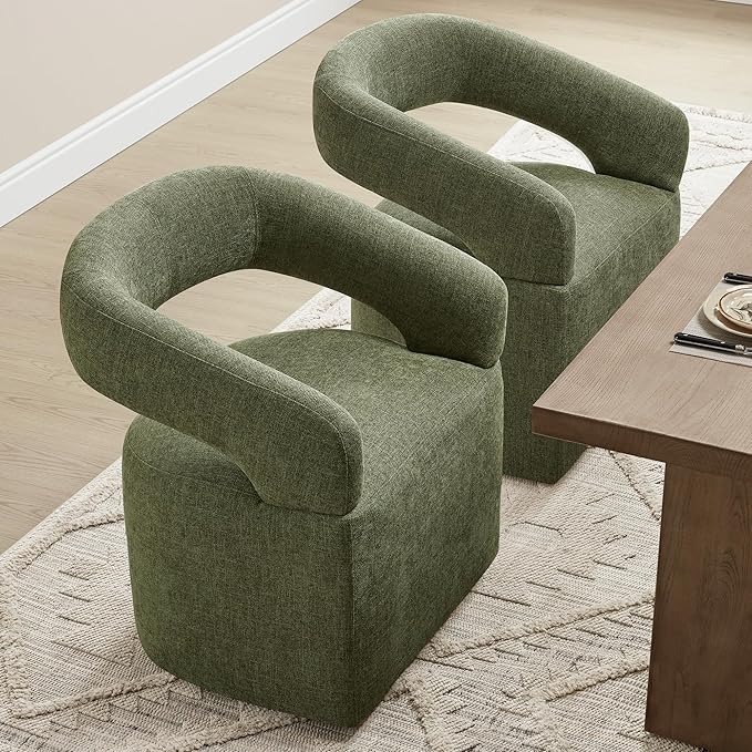 KISLOT Upholstered Dining Chairs with Casters, Modern Barrel Side Armchair with Rollers for Dining Room, Bedroom, Kitchen, Reading Room, Green, Set of 1