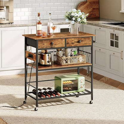 HOOBRO Kitchen Island with Storage, Rolling Island Cart for Kitchen with 2 Drawers & Outlet, 3 Tier Coffee Station and Microwave Stand, Kitchen Island Table for Home, Rustic Brown BF08UZD01