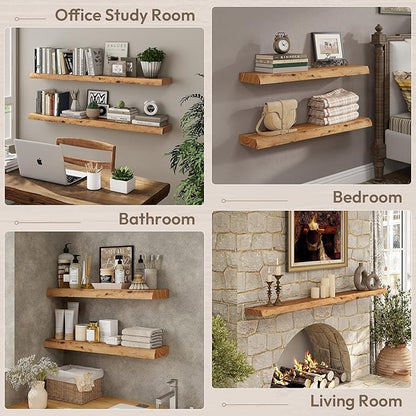 Marsmiles 36 inch Floating Shelves for Wall Elm Wood Live Edge Shelves|Rustic Wall Shelves with Invisible Heavy-Duty Bracket for Bathroom Living Room Kitchen|Natural, 2 Pack