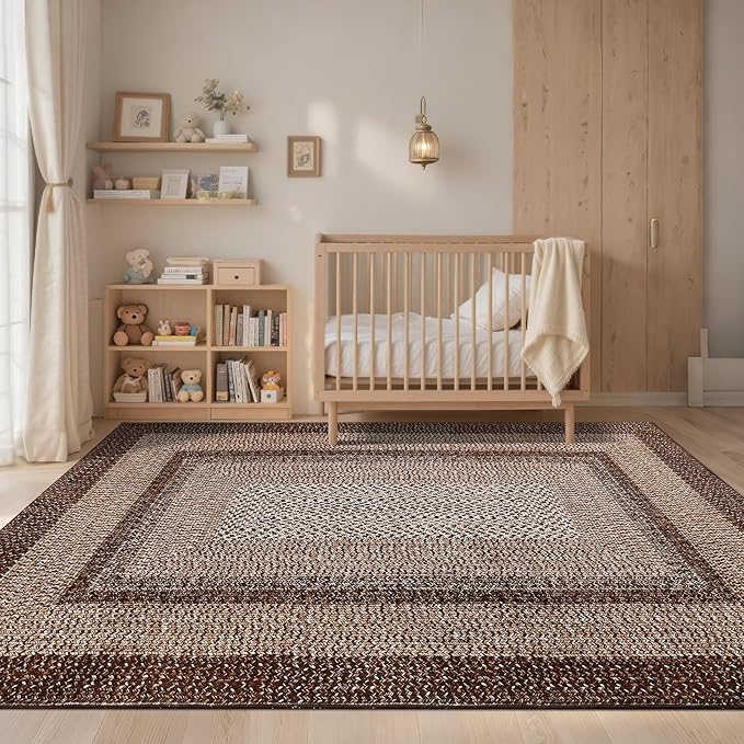 Washable Area Rug 6x9 Rug for Living Room Modern Rugs for Bedroom Decor Brown Rug Imitation Braided Non Slip Throw Rugs Stain Resistant Carpet for Nursery Dining Room 6'x9' Dark Brown