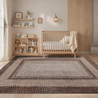 Washable Area Rug 6x9 Rug for Living Room Modern Rugs for Bedroom Decor Brown Rug Imitation Braided Non Slip Throw Rugs Stain Resistant Carpet for Nursery Dining Room 6'x9' Dark Brown