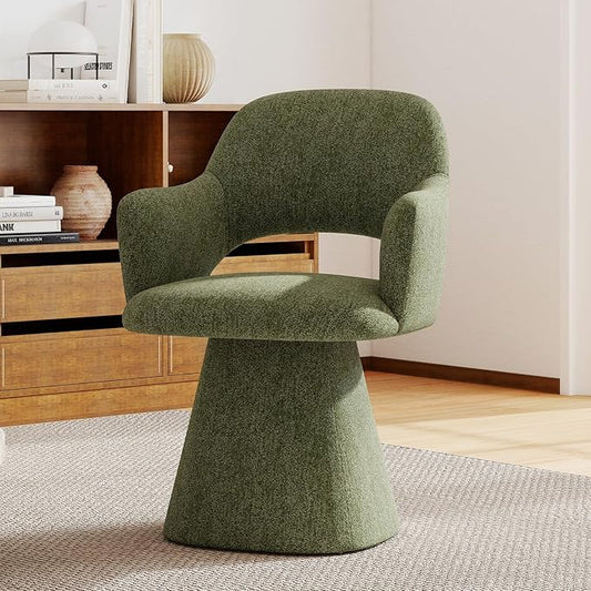 Green Modern Swivel Dining Chair, Upholstered Chenille Dining Room Chairs with Curved High Back, Comfy Side Armchair for Kitchen Reception Bedroom