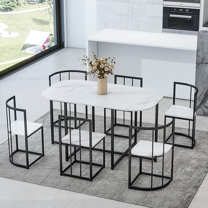 RuiSiSi 7 Piece Dining Table Set for 4, Metal Kitchen Table Set with Faux Marble Tabletop and 6 Dining Chairs for Kitchen, Dining Room, Small Space, Black+White
