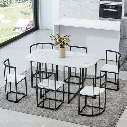 RuiSiSi 7 Piece Dining Table Set for 4, Metal Kitchen Table Set with Faux Marble Tabletop and 6 Dining Chairs for Kitchen, Dining Room, Small Space, Black+White