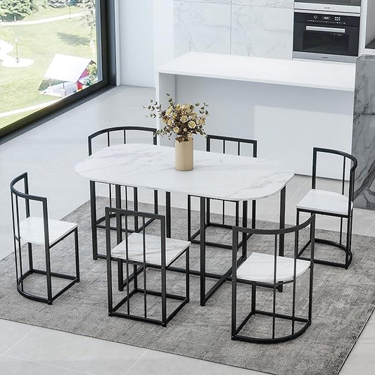 RuiSiSi 7 Piece Dining Table Set for 4, Metal Kitchen Table Set with Faux Marble Tabletop and 6 Dining Chairs for Kitchen, Dining Room, Small Space, Black+White