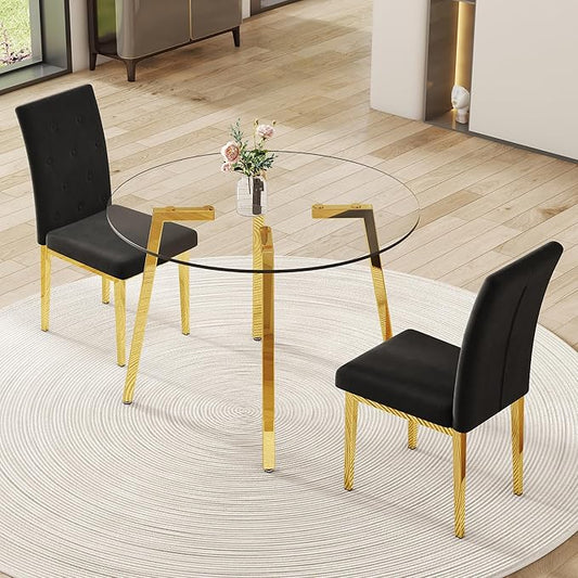 Round Glass Dining Table Set with 2 Black Velvet Chairs, 42 Inch Diameter Clear Tempered Glass Top with Gold Metal Legs, Grid Pattern for Elegant Dining Room and Kitchen
