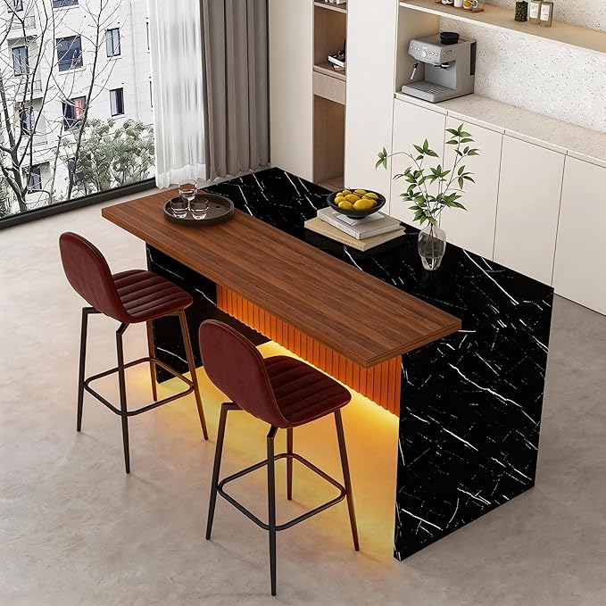 Montary 63-inch Modern Kitchen Island and Dining Table Set with 2 Swivel Stools, Marble-Look Countertop with LED Lights and Metal Grille Design, for Kitchen, Living Room,Black & Brown